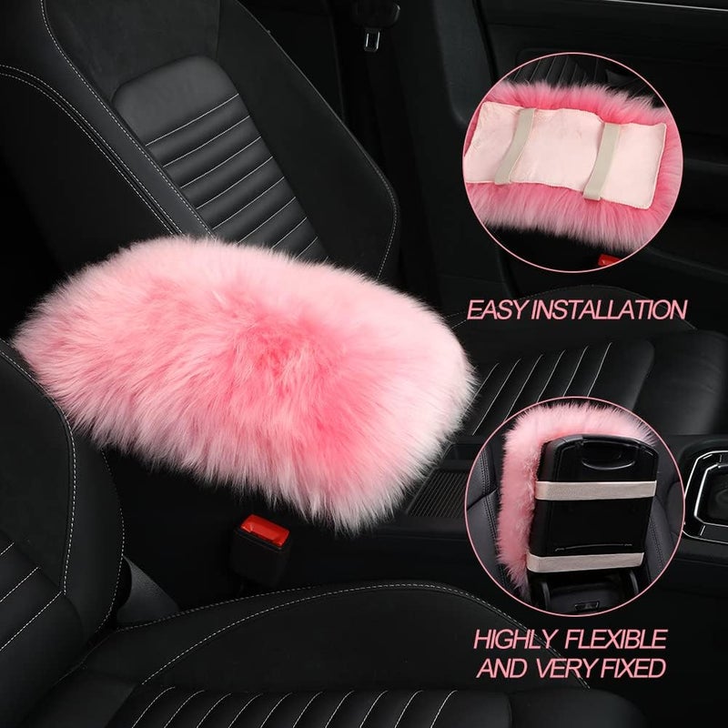 LLB Auto Center Console Cover Pad Universal Fit for SUV/Truck/Car, Genuine Sheepskin Wool Fur Car Armrest Seat Box Cover, Furry Fluffy Auto Armrest Cover Protector (Pink) - Image 3